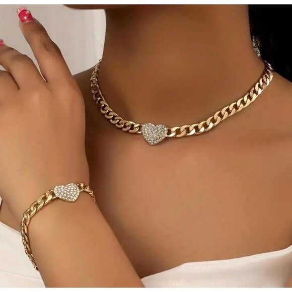 14K Gold Plated Chain Necklace & Bracelet Set With Rhinestone Heart - Picture 1 of 3